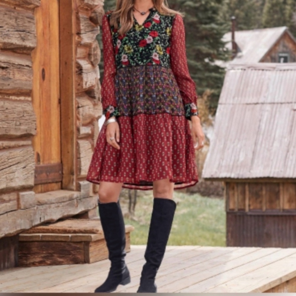 Sundance Red Black Green Floral Patchwork Dress Long Sleeve Small Boho Fall Pink